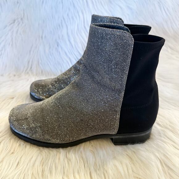 Stuart Weitzman 5050 Glitter Ankle Boot Flat Sparkle Pyrite Nocturn Silver Black - Picture 4 of 8
